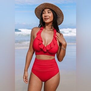 Red High Rise Ruffle Top Bikini